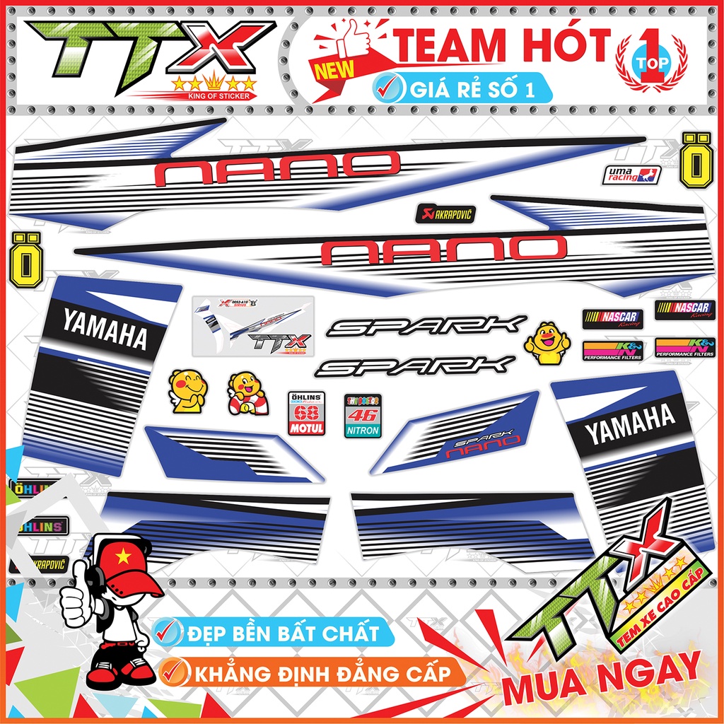 Tem xe sirius nano trắng xanh , Tem dán xe sirius nano xanh trắng siêu đẹp , Shop Team sirius xanh trắng