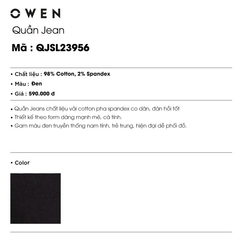 Quần Jean Nam Quần Bò Hàng Hiệu Cao Cấp Owen QJSL23956 Ống Côn Slim Fit Màu Đen Trơn Chất Liệu Cotton Spandex Đàn Hồi