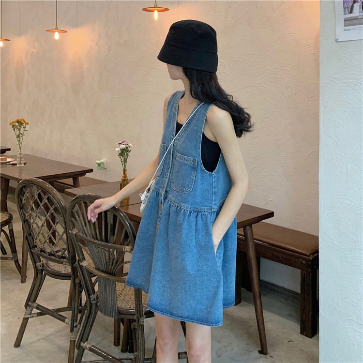 Đầm denim sát nách cổ chữ V dáng rộng thời trang mùa hè cho nữ