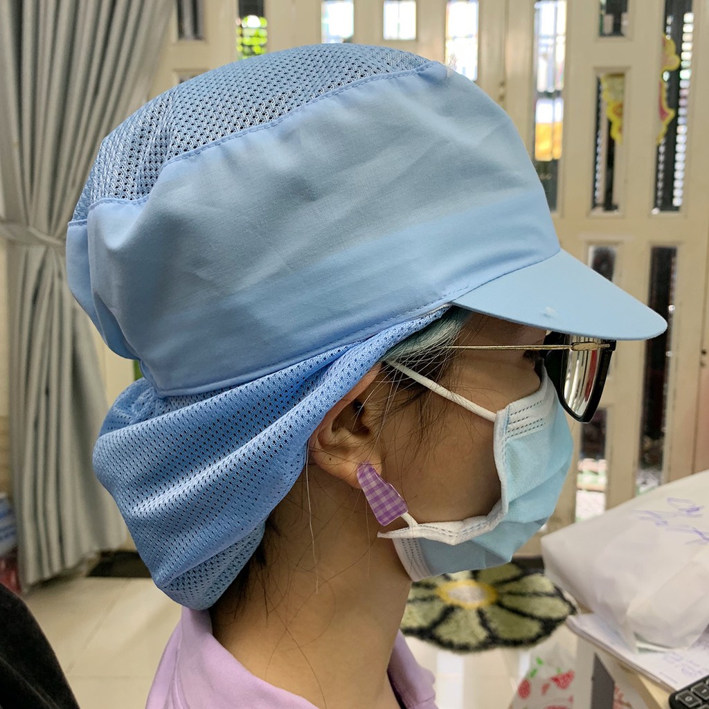 Mũ nón đầu bếp, phụ bếp màu xanh dương lưới dài trùm tóc thoáng khí chống bụi tiện dụng nón vải