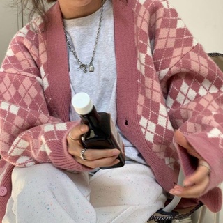 Áo khoác cardigan dệt kim rộng kẻ sọc caro màu sắc tương phản thời trang xuân thu phong cách Hồng Kông cho nữ 176268 ((-