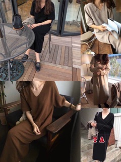 Váy len suông cổ tim