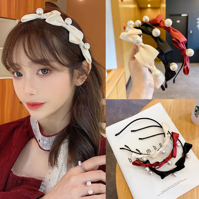 Băng đô cài tóc đính nơ và ngọc trai thời trang Hàn Quốc