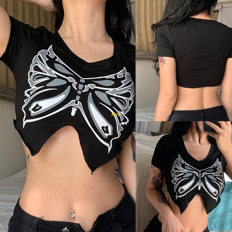 Áo Thun Crop Top Tay Ngắn Cổ Chữ V In Họa Tiết Cánh Bướm Phong Cách Gothic Thời Trang Mùa Hè Quyến Rũ Cho Nữ