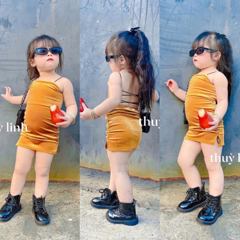 Đầm Body Nhung Dây Rút Hở Lưng Dây Chéo Cho Bé Gái Sành Điệu