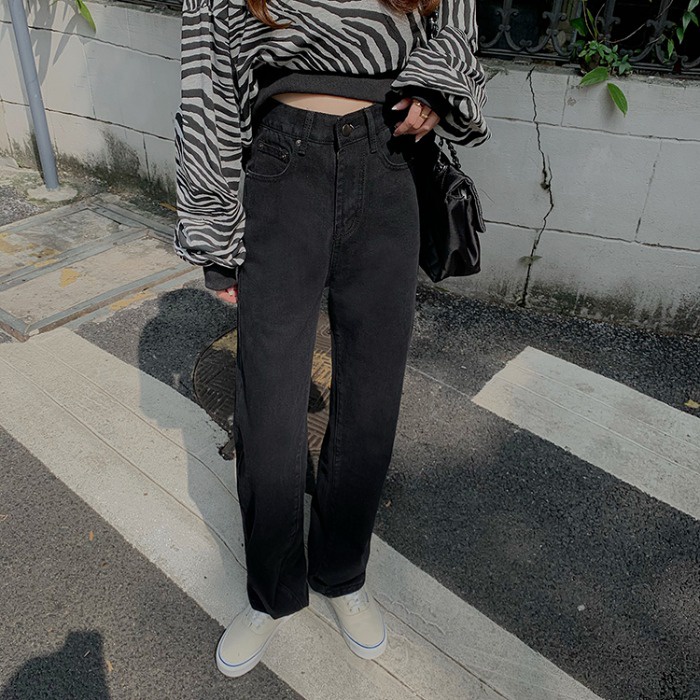 Quần jeans cho nữ lưng cao ống rộng thời trang Hàn Quốc