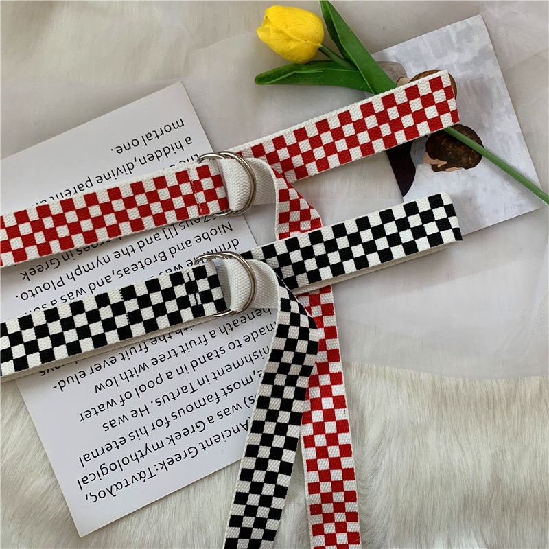 Thắt lưng canvas họa tiết kẻ ô trắng đen thời trang unisex cổ điển 22527
