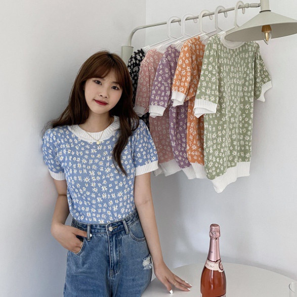 Áo len tay phồng hoa cúc phong cách vintage dành cho nữ mùa thu AL13