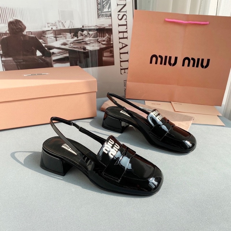 Giày cao gót mũi vuông quai hậu thương hiệu Miu Miu da thật cao cấp