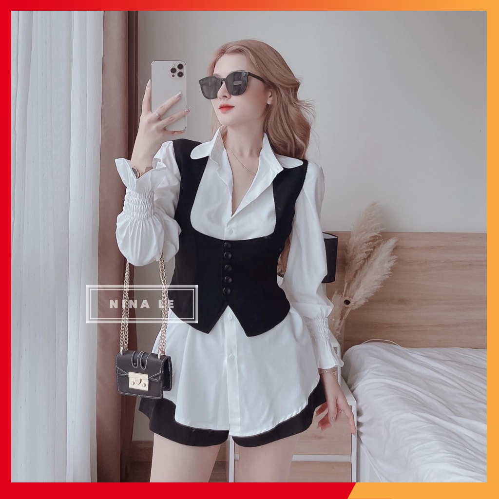 Sét sơmi áo trắng hàn quốc dáng dài phối ghile đen freesize tay phồng sang chảnh cao cấp đi làm đi chơi đơn giản rẻ đẹp