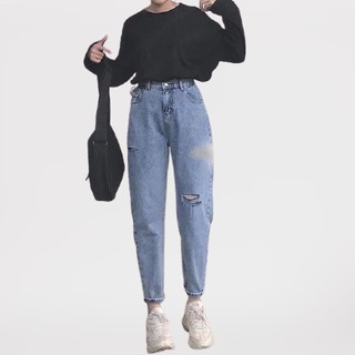 Quần jean baggy nữ cạp cao rách lệch đùi - CM Shop