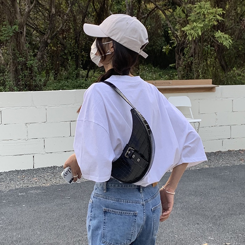 Túi đeo vai IELGY giả da cá sấu màu đen phong cách Hàn Quốc thiết kế thời trang cho nữ