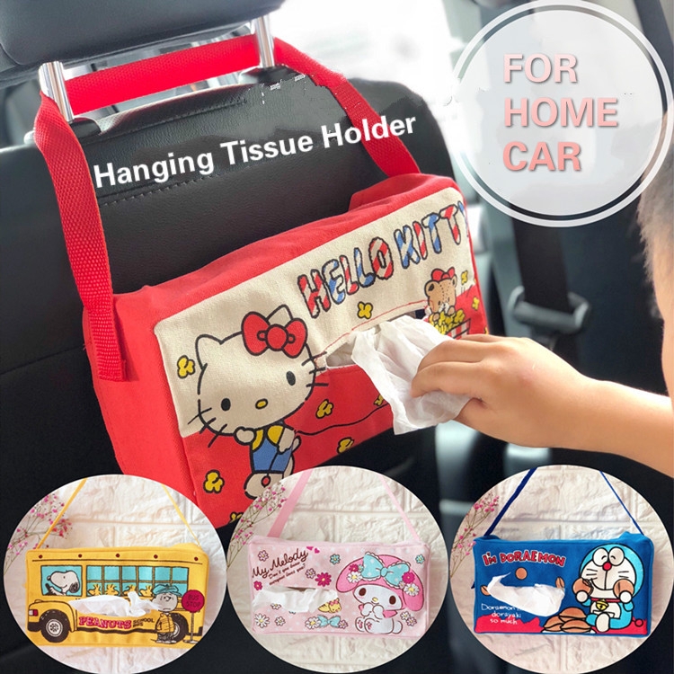 Hộp đựng khăn giấy bằng vải bạt treo hàng ghế sau ô tô họa tiết Hello Kitty snoopy hoạt hình