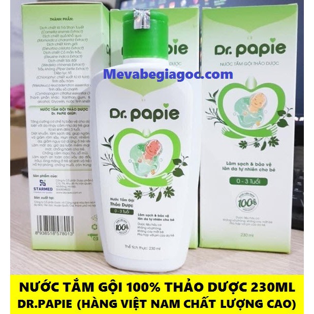 Chai Nước Tắm Gội Thảo Dược An Toàn Cho Trẻ Sơ Sinh Dr.Papie 230ml (Hàng Việt Nam Chất Lượng Cao)