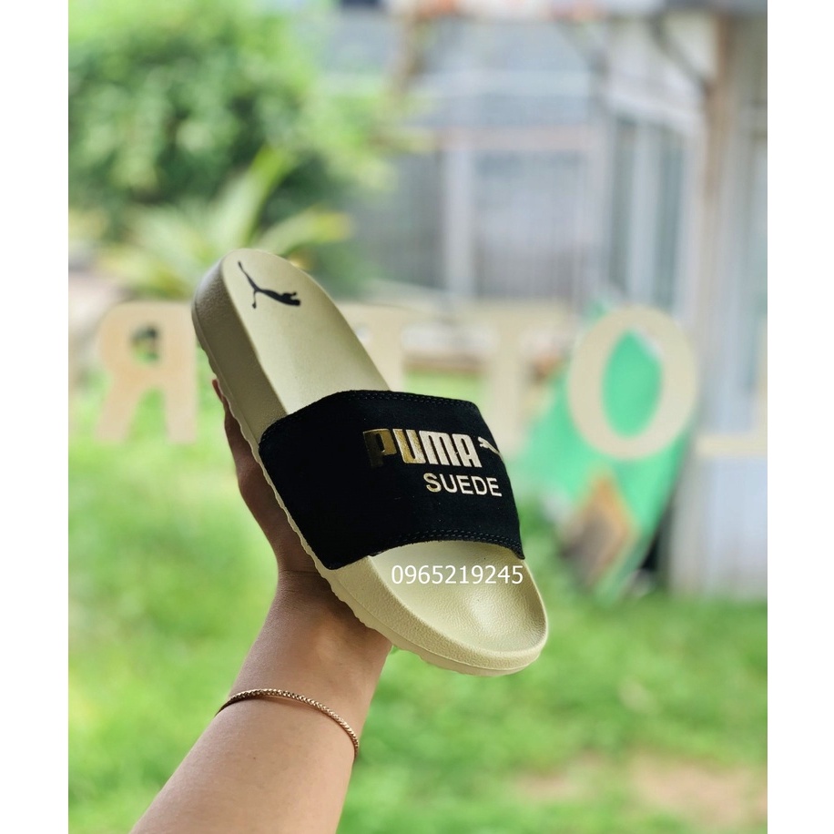 ♥️ Freeship+Hộp ♥️ Dép 𝐌𝐋𝐁 𝐏𝐔𝐌𝐀 da lộn,dép quai ngang nam nữ 𝐏𝐔𝐌𝐀,dép mlb thể thao nam nữ in PUMA da lộn vàng-quai-đen
