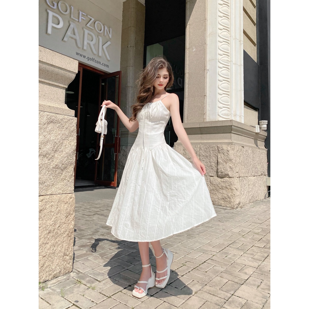 Đầm thiết kế SUNFLOWER màu trắng hai dây nhún nơ ngực xòe dài trẻ trung sang chảnh | 𝐉𝐔𝐋𝐈𝐄