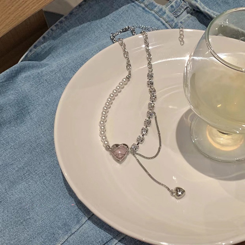 Dây Chuyền Mặt Hình Trái Tim Đính Ngọc Trai Phong Cách Nhật Hàn Cổ Điển