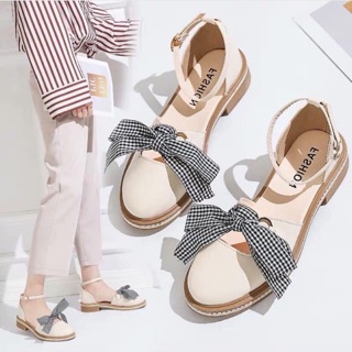 Giầy bít mũi nơ kẻ tiểu thư gót 2,5cm