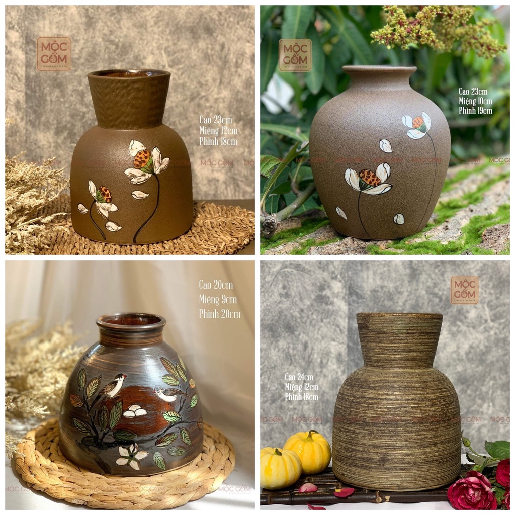 Bình gốm cắm hoa Bát Tràng dáng búp bê men nâu mộc lì vẽ thủ công hoa sen trắng tràn trí phòng khách đẹp Mộc Gốm MG124