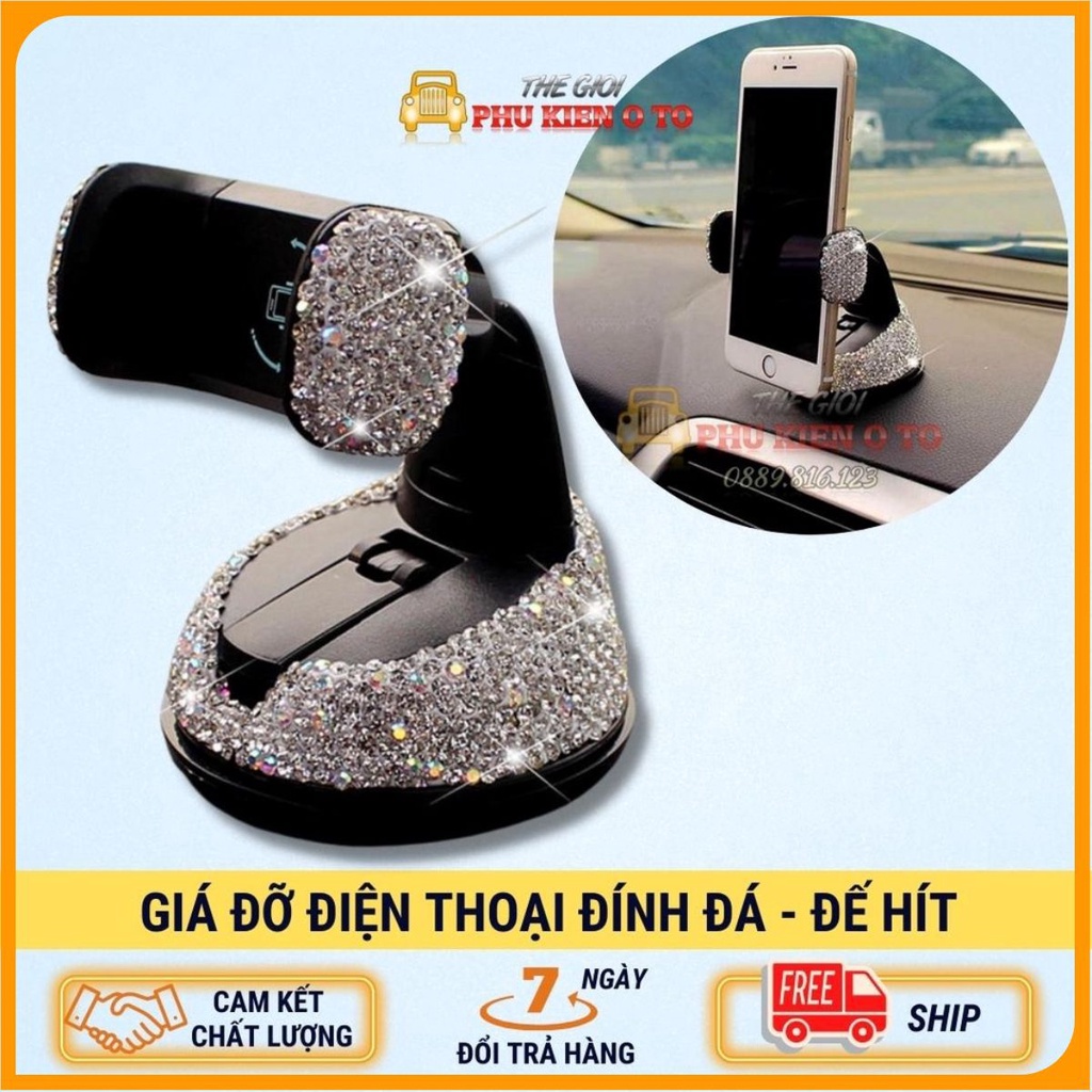 Giá Kẹp Điện Thoại Đính Đá 360 Gắn Taplo, Đế Hít Chân Không Xe Ô Tô - Đính Đá Đẹp