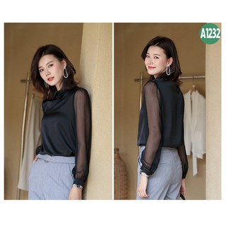Áo sơ mi satin lụa tay phối voan - A1232