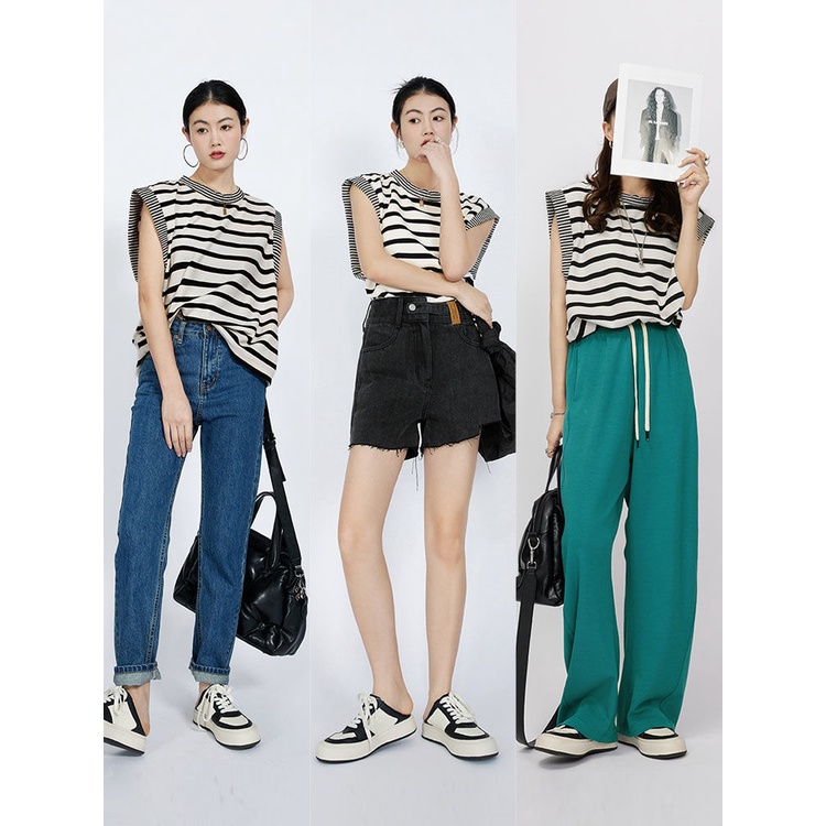 Áo Thun Sát Nách Cổ Tròn Form Rộng Họa Tiết Kẻ Sọc Phong Cách Retro