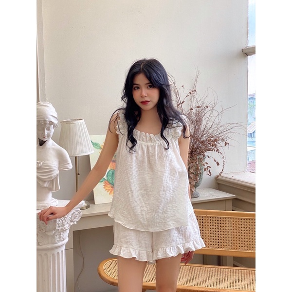 Set bộ tiểu thư đáng yêu chất Muslin cao cấp 2 màu trắng vàng