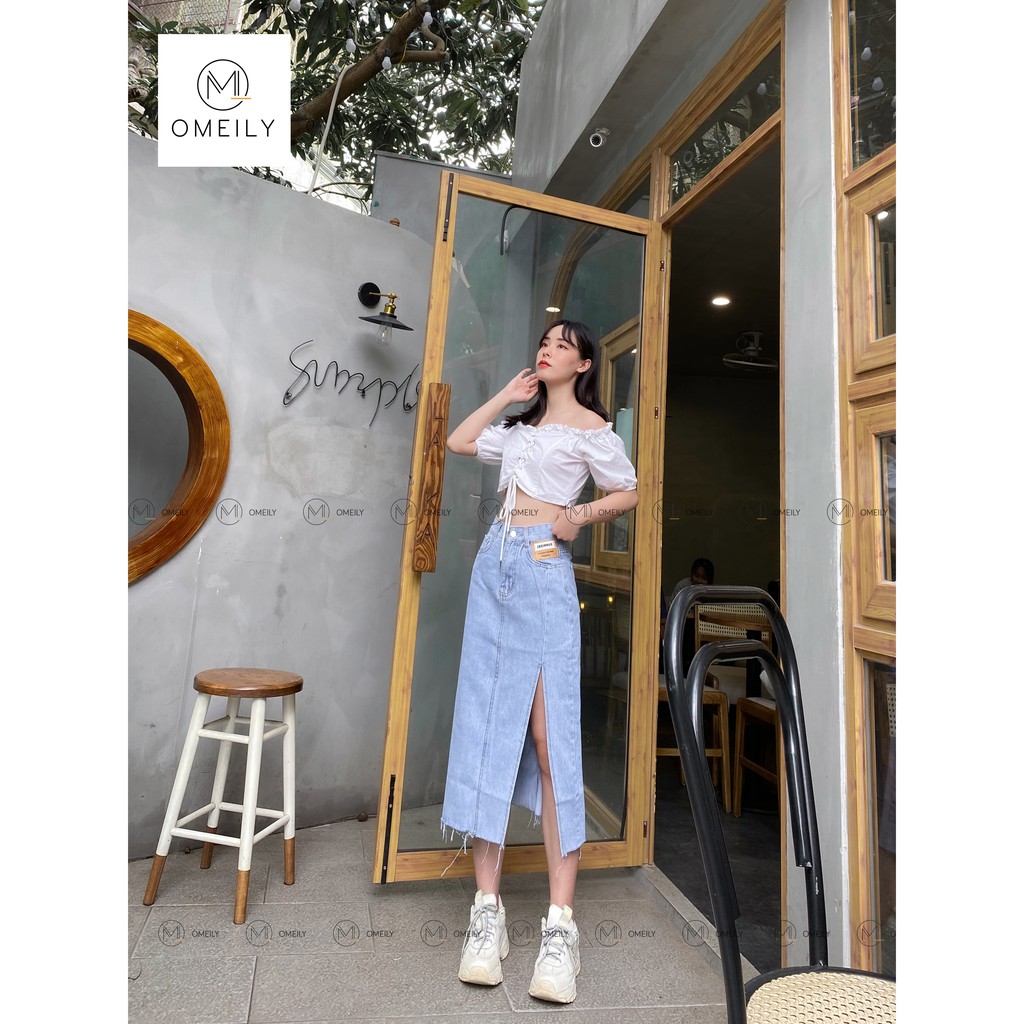 Chân váy Jeans xẻ tà cạp lưng cao chất liệu denim cao cấp Omeily | BigBuy360 - bigbuy360.vn