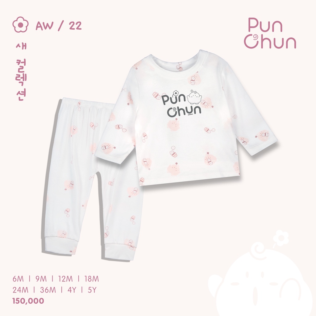 Bộ quần áo dài tay cổ tròn Punchun in tràn trắng hồng