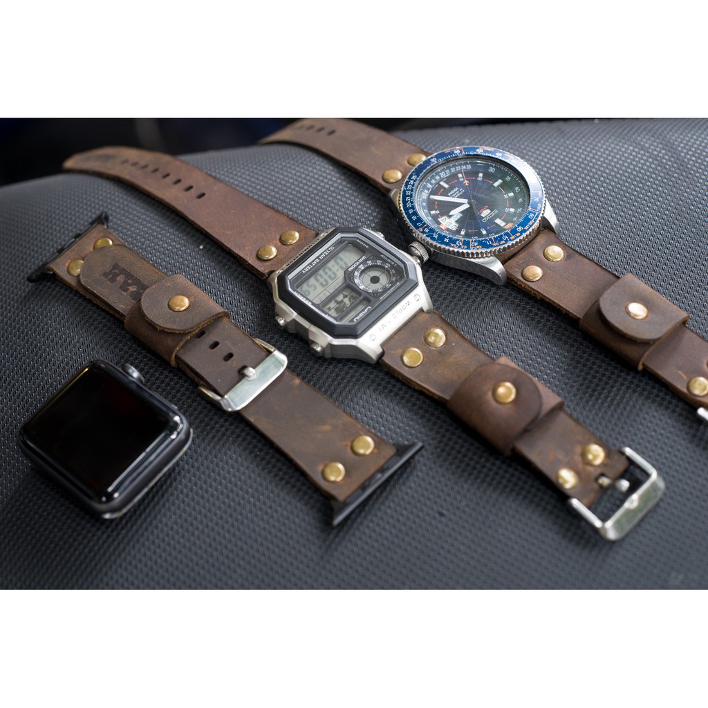 Dây đồng hồ Apple Watch , Iwatch , Iphone Watch Da Bò Sáp Ngựa Điên RAM Leather Pilot Rivet  Bền Đẹp