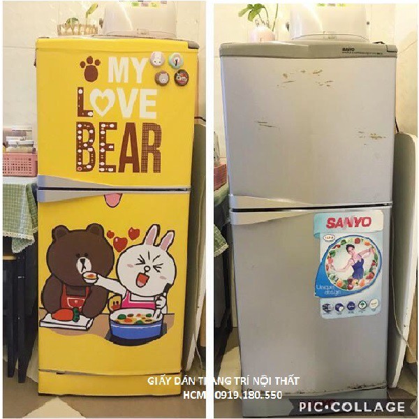 Decal Dán Tủ Lạnh Loại Cỡ Lớn GẤU BROWN VÀ THỎ CONY (KT tủ: 1m x 1m8)