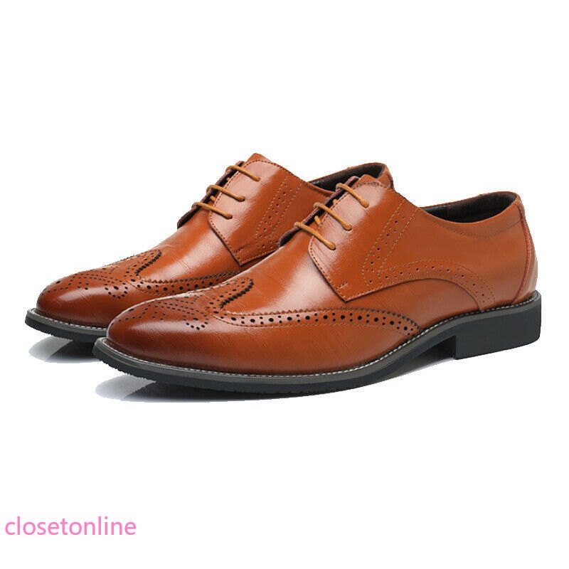 Mens Plain Carved Pointed Leather Shoes Lace-up Formal Evening Party