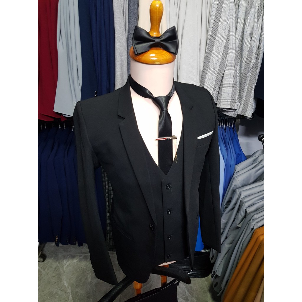 Combo Bộ vest nam ôm body màu đen chất vải dày mịn co giãn (áo vest + áo gile + quần + cà vạt + nơ)