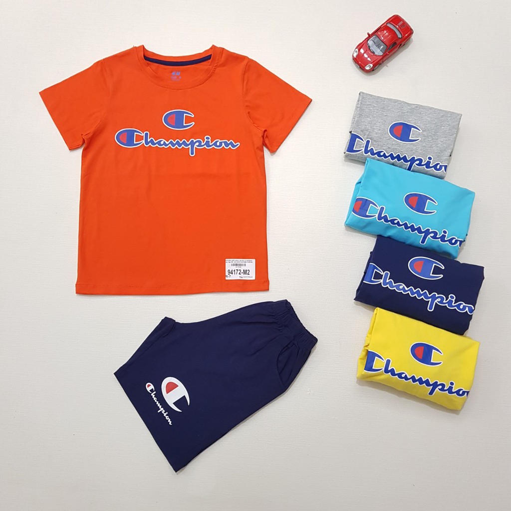 94172-M1- Bộ BT cotton,cộc tay,in champion,vàng,Made in VietNam,size nhỡ 8-14/ri7,(combo 7 sản phẩm từ nhỏ đến lớn)