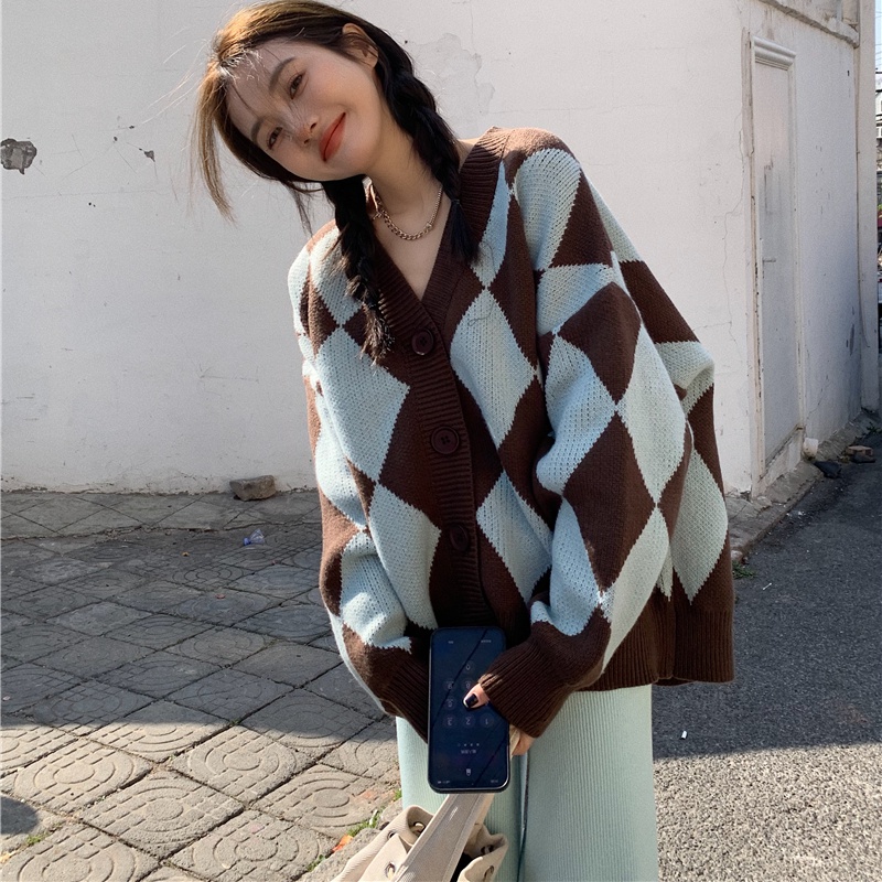 Áo Khoác Cardigan Nữ Màu Đen Trắng Cam Dệt Kim Cổ V Hình Thoi Dài Tay Vintage Chất Len Thỏ Hàn Quốc Hot Trend