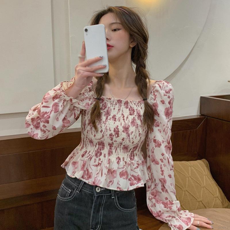 Áo Sơ Mi Chiffon Tay Dài Cổ Vuông In Họa Tiết Hoa Phong Cách Hàn Quốc Cho Nữ