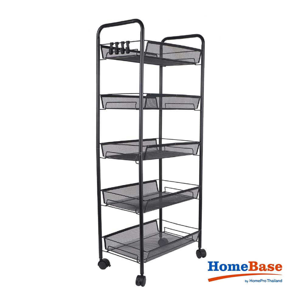 HomeBase STACKO Kệ 5 tầng bằng lưới thép có bánh xe có 4 móc treo IVY W45xH106xD26cm màu đen