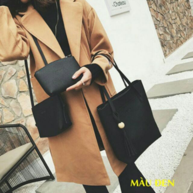 Bộ combo 3 bộ túi tote da gồm túi xách + túi chéo + bóp ví phong cách Hàn Quốc