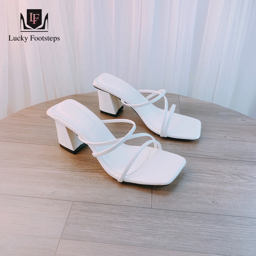 Sandal guốc cao gót Lucky quai phối dây chéo gót vuông 7p - v87