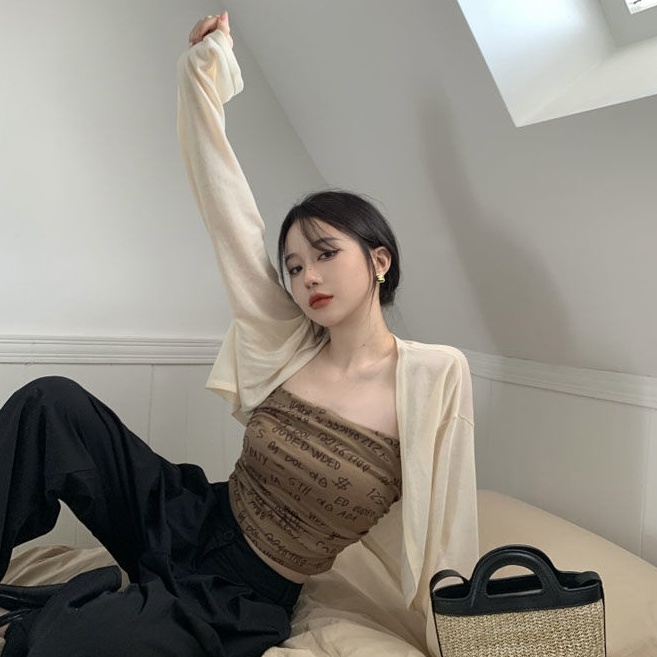 Set Áo Croptop Không Dây + Áo Khoác Nhẹ In Họa Tiết Thời Trang Cho Nữ