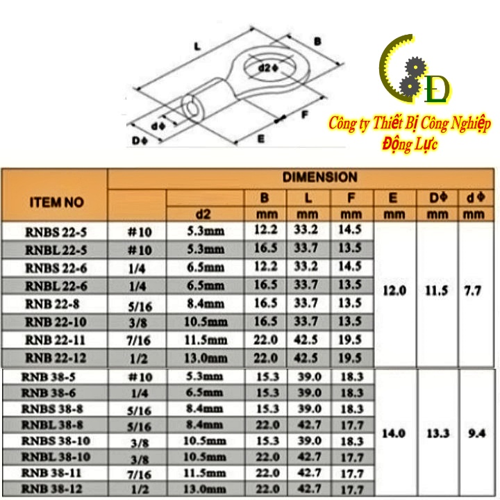 Đầu cos tròn bằng đồng RNB 22-10  đầu cốt bấm dây điện 20mm 22mm