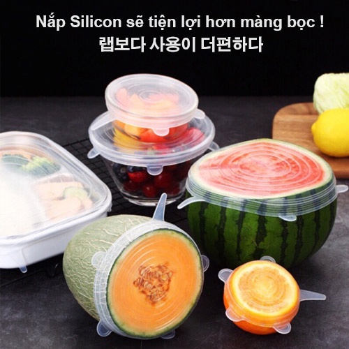 Bộ 6 miếng silicone bọc thực phẩm cao cấp - Nắp đậy màng Silicon bảo quản thức ăn dày dặn độ co giãn tốt