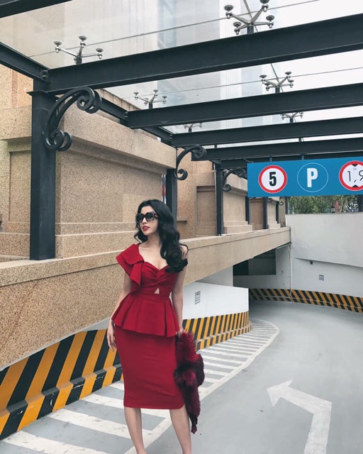 Set áo pelum lệch vai + chân váy