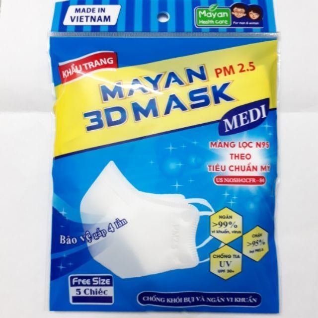 Khẩu Trang Mayan 3D Mask 5 Cái - khẩu trang y tế đa năng 4 lớp PM 2.5 màng lọc micro filter N95 lọc bụi mịn màu trắng