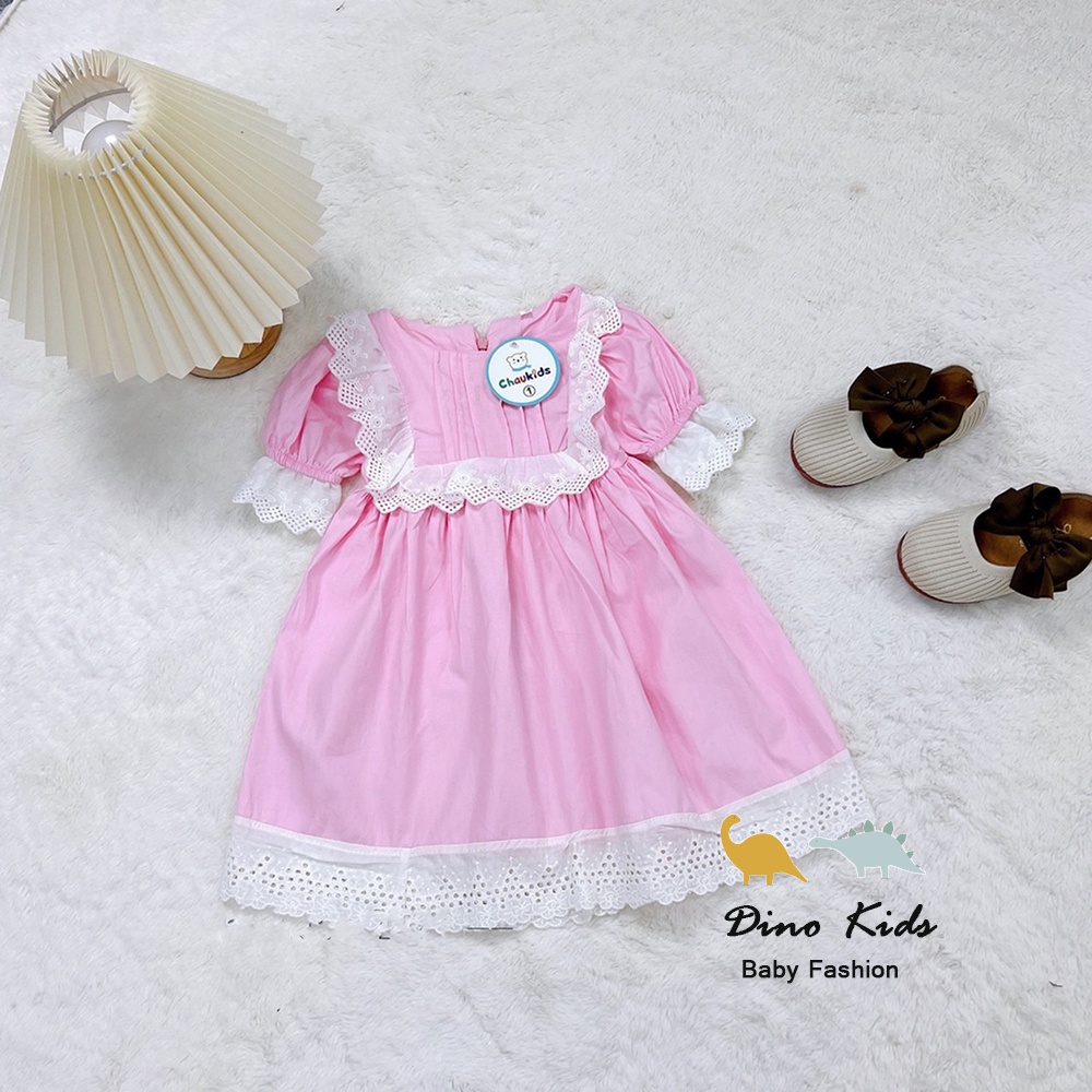 Váy babydoll bé gái, váy thô hàn màu hồng bèo ngực tay phối ren xinh xắn cho bé