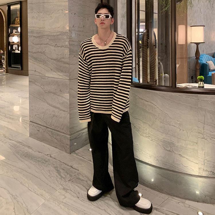 Aemape Áo Sweater Dệt Kim Mỏng Tay Dài Khoét Lỗ Kẻ Sọc Cao Cấp Phong Cách Retro Mùa Thu Cho Nam