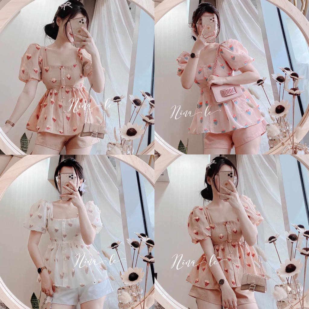 Set áo babydoll hoa tay phồng, cổ vuông phối quần đùi ngắn mặc ỏ nhà, đi chơi xinh xắn