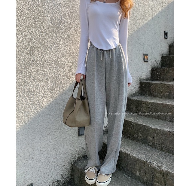 Quần Thể Thao Nữ Lưng Cao Ống Rộng Phong Cách Hàn Quốc