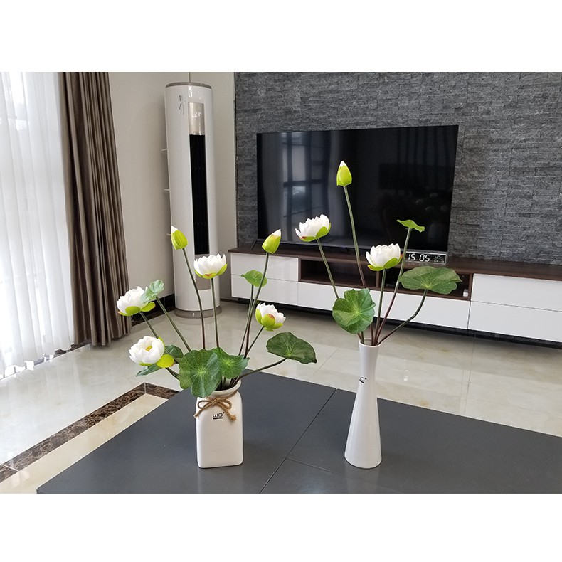 Hoa lụa, cành hoa sen 2 bông 1 nụ kèm lá cao cấp tuyệt đẹp trang trí phòng khách