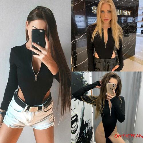 Women's Long Sleeve Jumpsuit, Sexy Zipper Neck Bodycon Romper, Casual Outwear Clothes